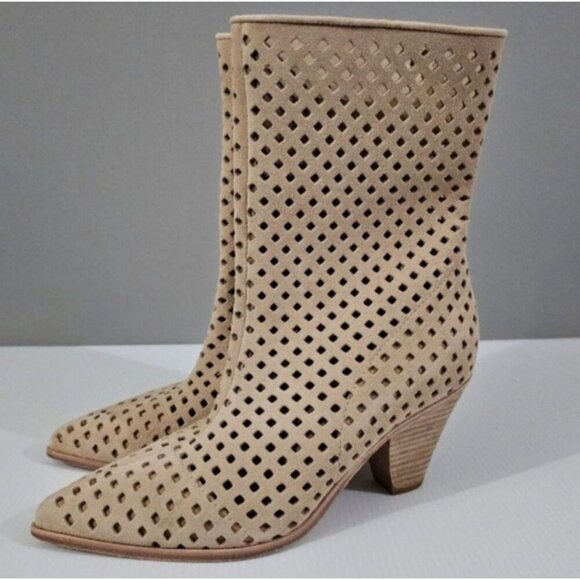 NEW Paige Layla Mid Calf Boot Womens 7 Tan Suede Perforated Pointed Toe Heeled - Picture 1 of 12
